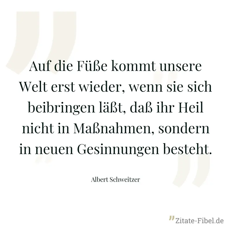 Auf die Füße kommt unsere Welt erst wieder, wenn sie sich beibringen läßt, daß ihr Heil nicht in Maßnahmen, sondern in neuen Gesinnungen besteht. - Albert Schweitzer