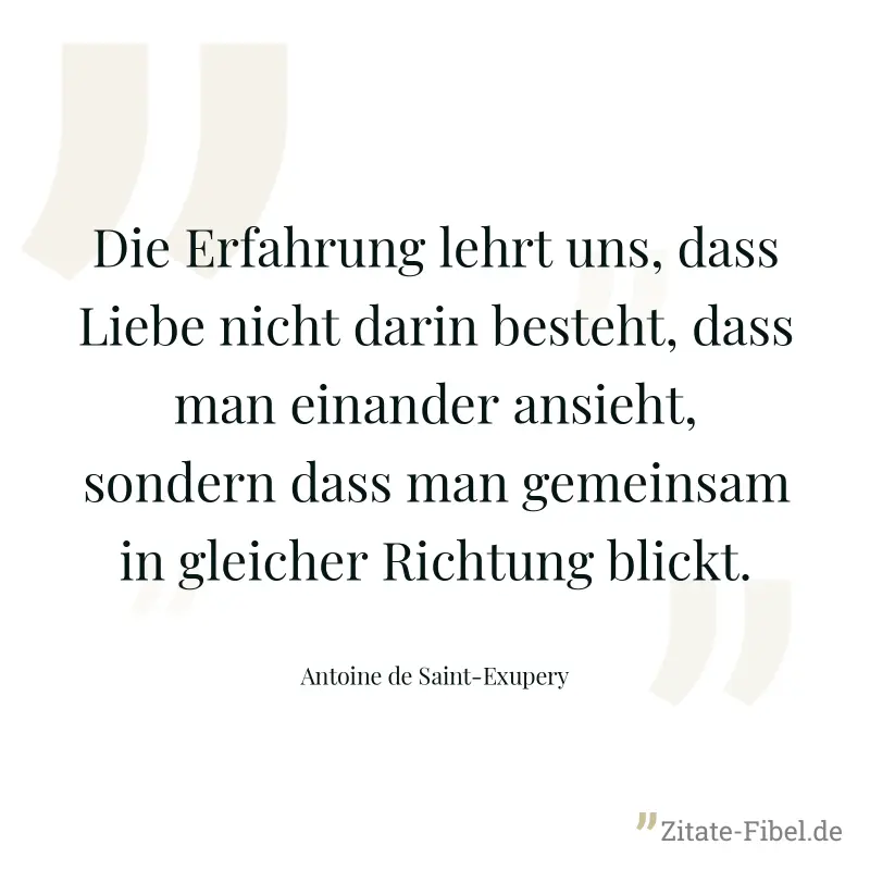 Die Erfahrung lehrt uns, dass Liebe nicht darin besteht, dass man einander ansieht, sondern dass man gemeinsam in gleicher Richtung blickt. - Antoine de Saint-Exupery