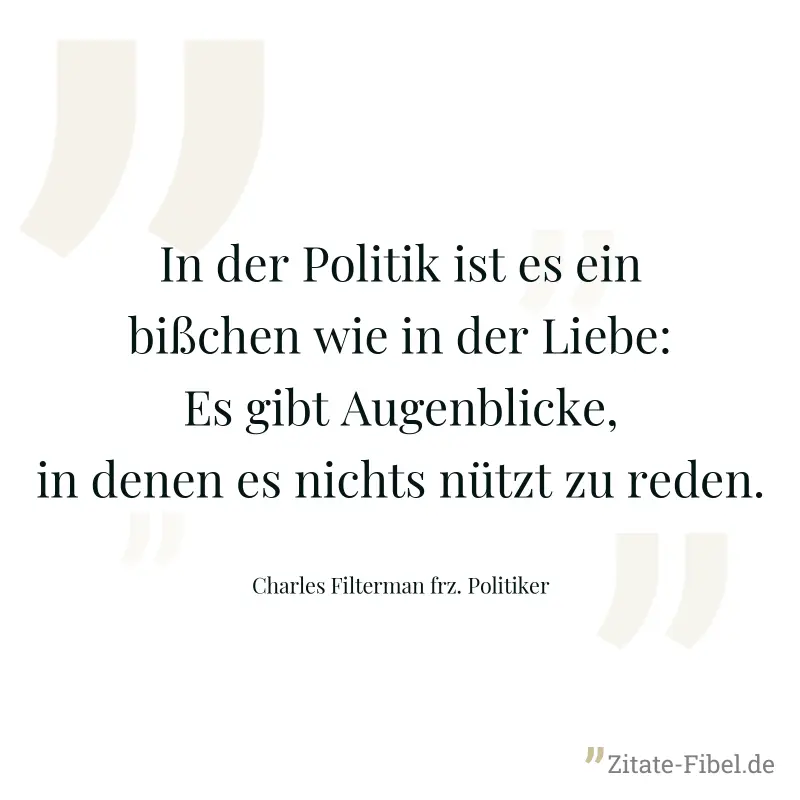 In der Politik ist es ein bißchen wie in der Liebe: Es gibt Augenblicke, in denen es nichts nützt zu reden. - Charles Filterman frz. Politiker