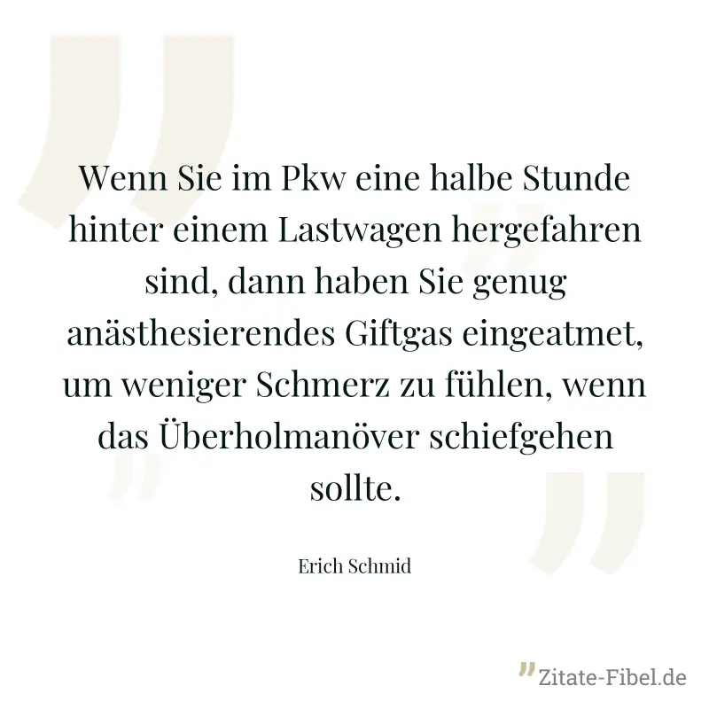 Wenn Sie im Pkw eine halbe Stunde hinter einem Lastwagen hergefahren sind, dann haben Sie genug anästhesierendes Giftgas eingeatmet, um weniger Schmerz zu fühlen, wenn das Überholmanöver schiefgehen s - Erich Schmid