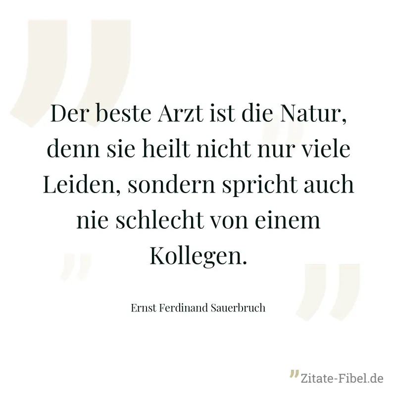 Der beste Arzt ist die Natur, denn sie heilt nicht nur viele Leiden, sondern spricht auch nie schlecht von einem Kollegen. - Ernst Ferdinand Sauerbruch