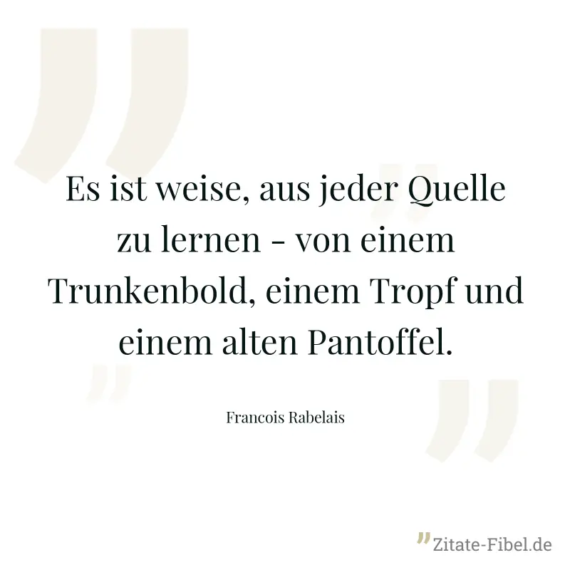 Es ist weise, aus jeder Quelle zu lernen - von einem Trunkenbold, einem Tropf und einem alten Pantoffel. - Francois Rabelais
