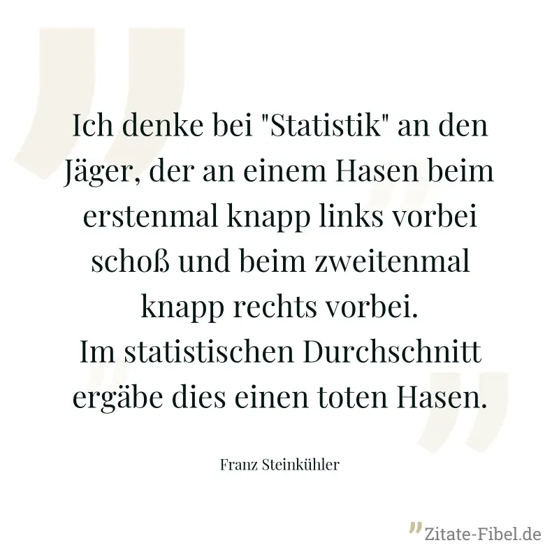 Ich denke bei "Statistik" an den Jäger, der an einem Hasen beim erstenmal knapp links vorbei schoß und beim zweitenmal knapp rechts vorbei. Im statistischen Durchschnitt ergäbe dies einen toten Hasen. - Franz Steinkühler