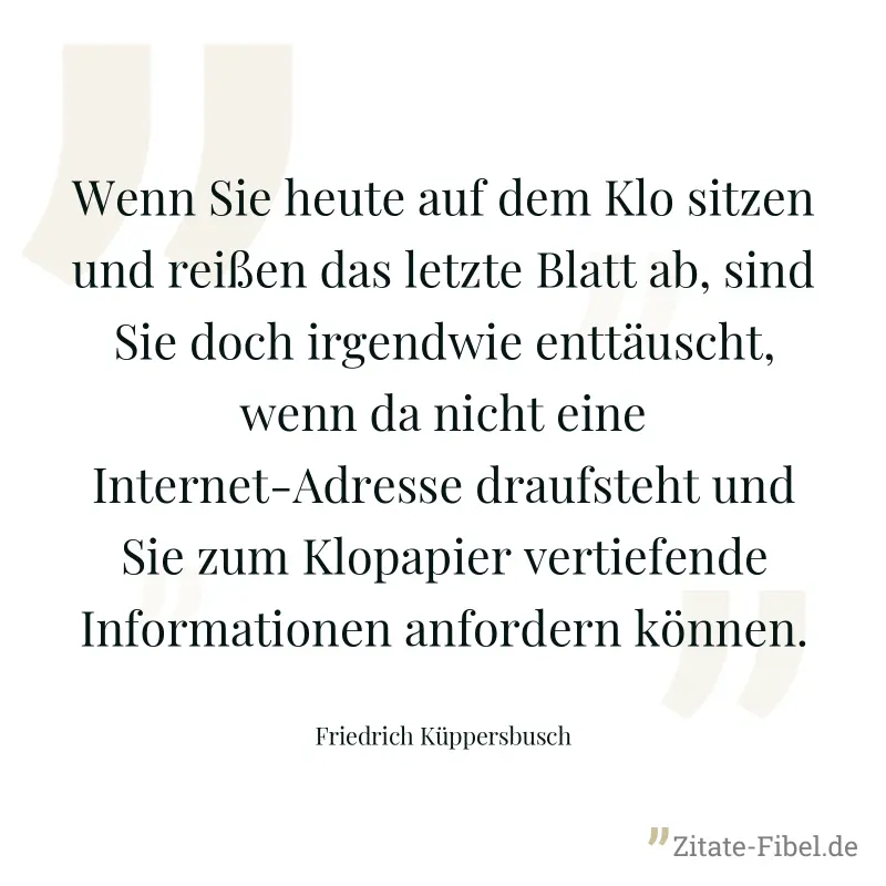 Wenn Sie heute auf dem Klo sitzen und reißen das letzte Blatt ab, sind Sie doch irgendwie enttäuscht, wenn da nicht eine Internet-Adresse draufsteht und Sie zum Klopapier vertiefende Informationen anf - Friedrich Küppersbusch