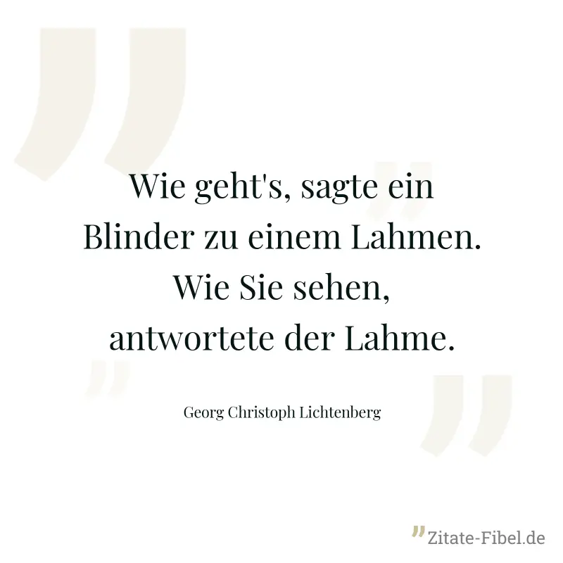 Wie geht's, sagte ein Blinder zu einem Lahmen. Wie Sie sehen, antwortete der Lahme. - Georg Christoph Lichtenberg