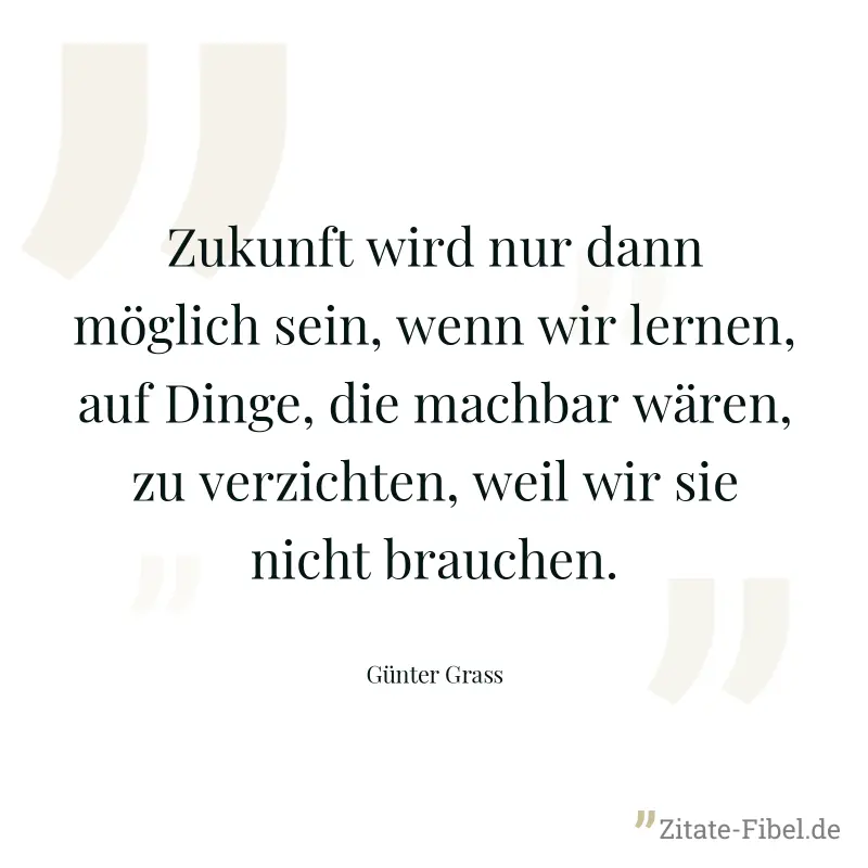 Zukunft wird nur dann möglich sein, wenn wir lernen, auf Dinge, die machbar wären, zu verzichten, weil wir sie nicht brauchen. - Günter Grass