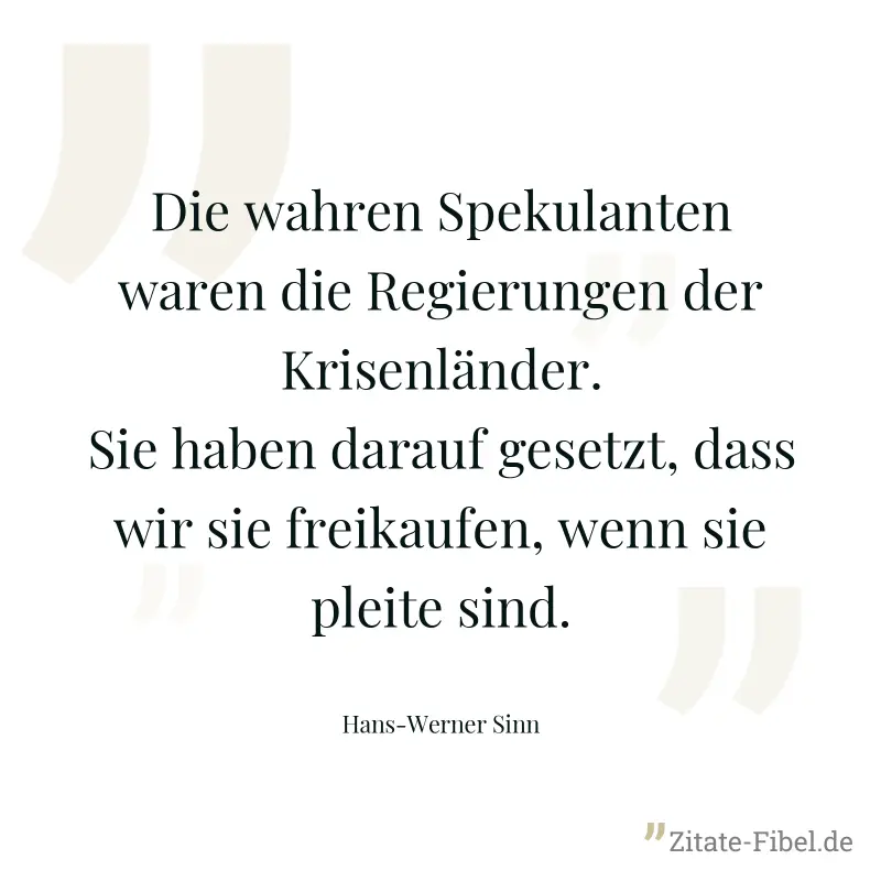 Die wahren Spekulanten waren die Regierungen der Krisenländer. Sie haben darauf gesetzt, dass wir sie freikaufen, wenn sie pleite sind. - Hans-Werner Sinn