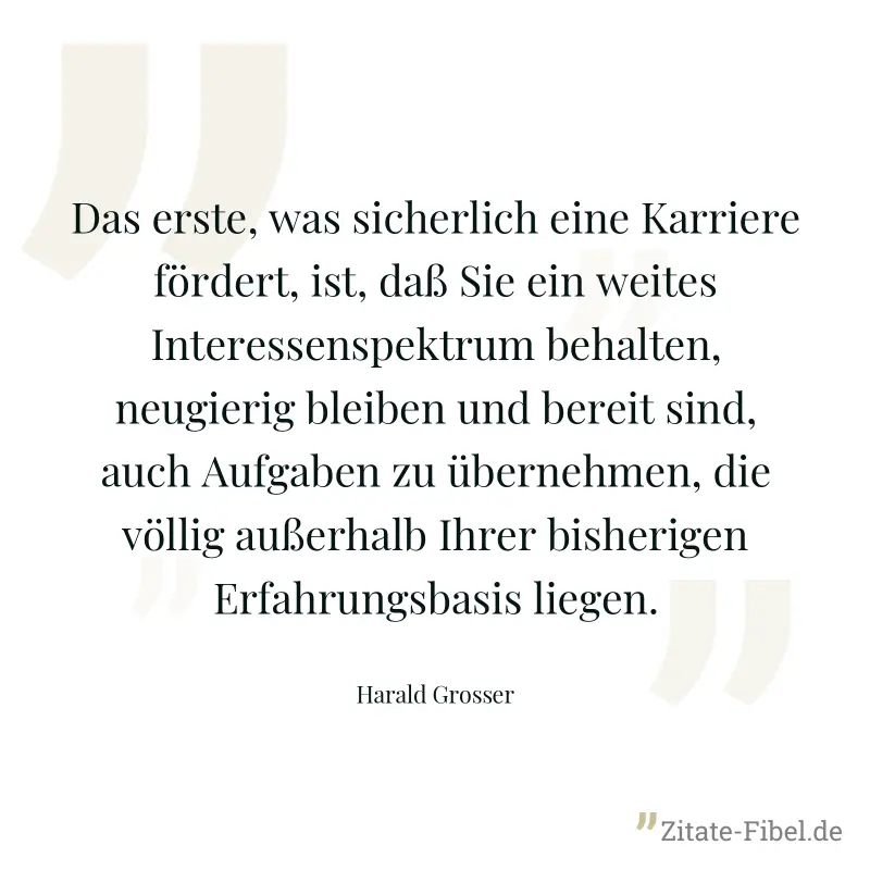 Das erste, was sicherlich eine Karriere fördert, ist, daß Sie ein weites Interessenspektrum behalten, neugierig bleiben und bereit sind, auch Aufgaben zu übernehmen, die völlig außerhalb Ihrer bisheri - Harald Grosser
