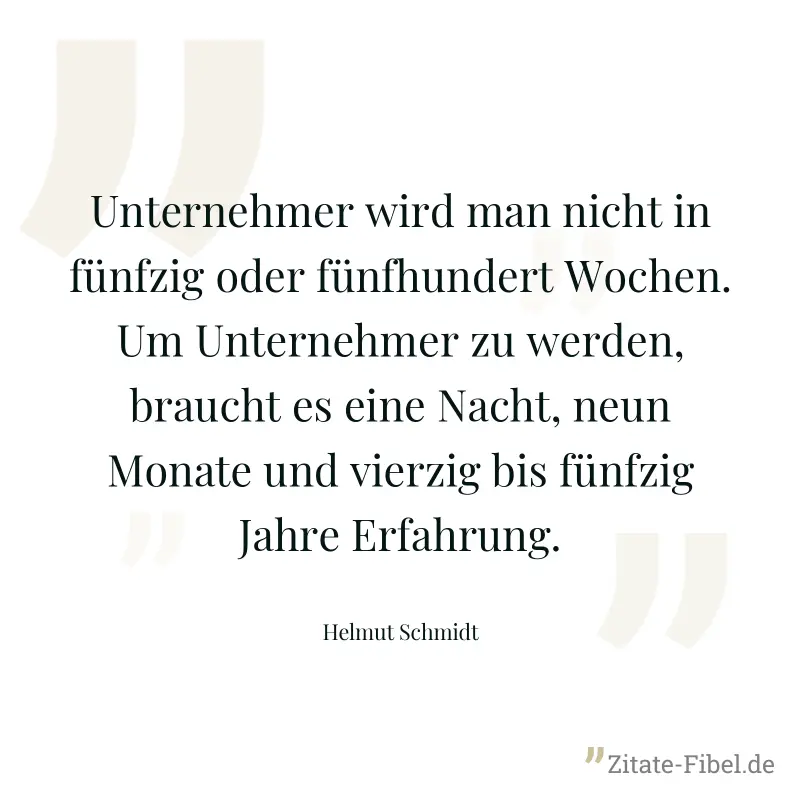 Unternehmer wird man nicht in fünfzig oder fünfhundert Wochen. Um Unternehmer zu werden, braucht es eine Nacht, neun Monate und vierzig bis fünfzig Jahre Erfahrung. - Helmut Schmidt