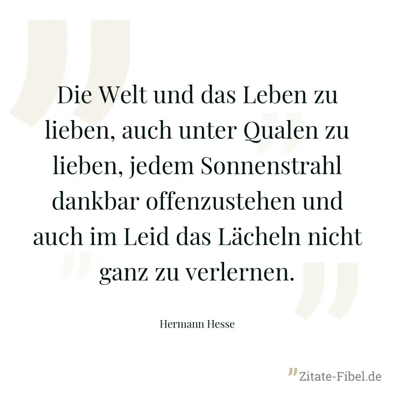 Die Welt und das Leben zu lieben, auch unter Qualen zu lieben, jedem Sonnenstrahl dankbar offenzustehen und auch im Leid das Lächeln nicht ganz zu verlernen. - Hermann Hesse