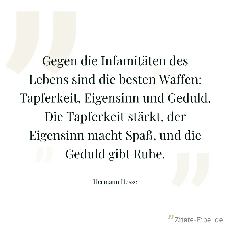 Gegen die Infamitäten des Lebens sind die besten Waffen: Tapferkeit, Eigensinn und Geduld. Die Tapferkeit stärkt, der Eigensinn macht Spaß, und die Geduld gibt Ruhe. - Hermann Hesse