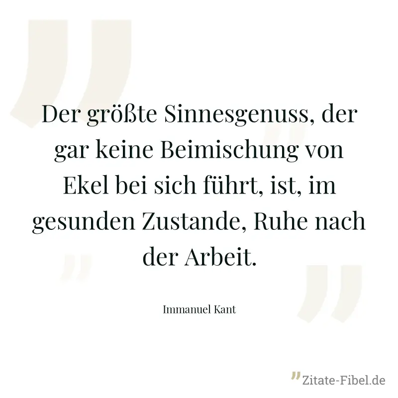 Der größte Sinnesgenuss, der gar keine Beimischung von Ekel bei sich führt, ist, im gesunden Zustande, Ruhe nach der Arbeit. - Immanuel Kant