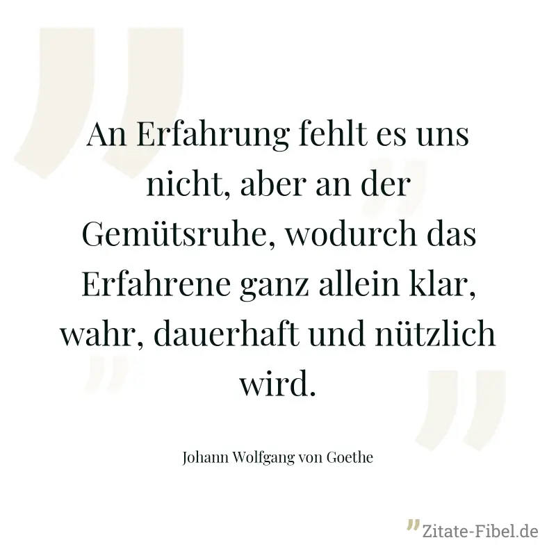 An Erfahrung fehlt es uns nicht, aber an der Gemütsruhe, wodurch das Erfahrene ganz allein klar, wahr, dauerhaft und nützlich wird. - Johann Wolfgang von Goethe
