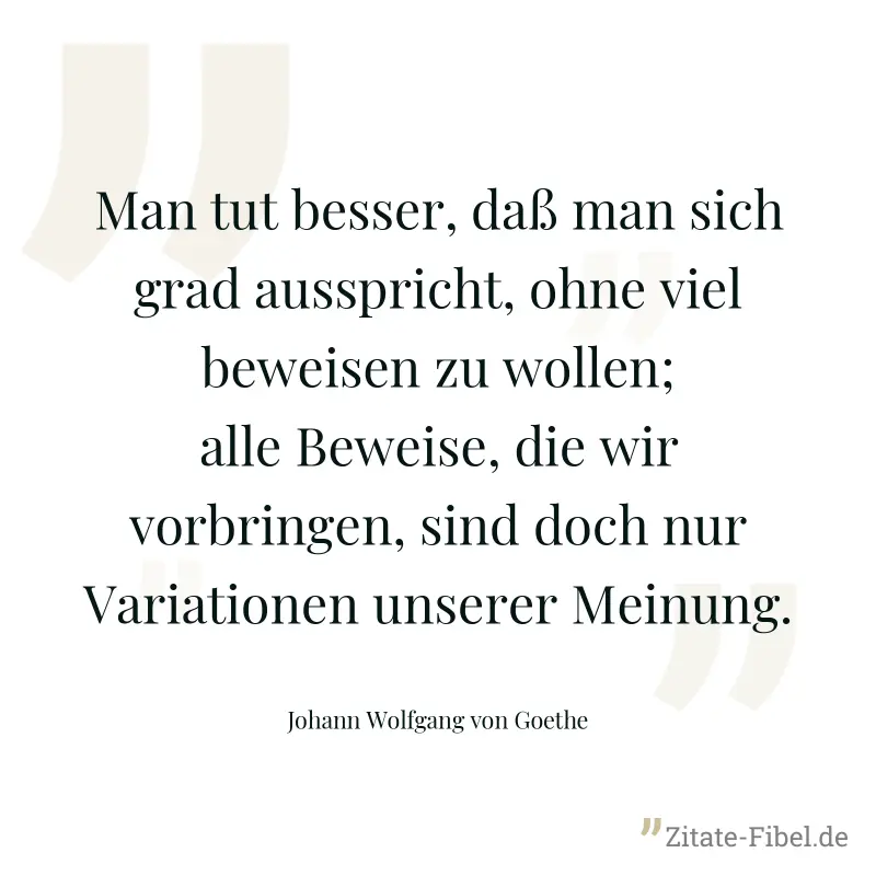 Man tut besser, daß man sich grad ausspricht, ohne viel beweisen zu wollen; alle Beweise, die wir vorbringen, sind doch nur Variationen unserer Meinung. - Johann Wolfgang von Goethe