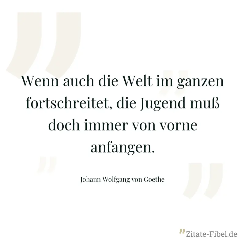 Wenn auch die Welt im ganzen fortschreitet, die Jugend muß doch immer von vorne anfangen. - Johann Wolfgang von Goethe
