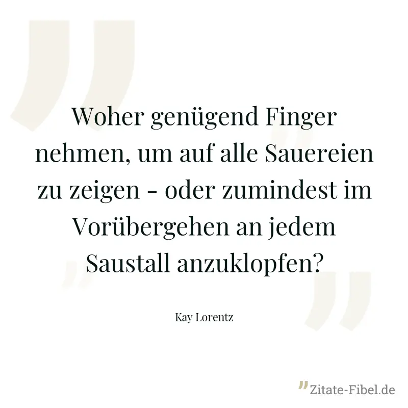 Woher genügend Finger nehmen, um auf alle Sauereien zu zeigen - oder zumindest im Vorübergehen an jedem Saustall anzuklopfen? - Kay Lorentz