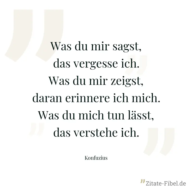 Was du mir sagst, das vergesse ich. Was du mir zeigst, daran erinnere ich mich. Was du mich tun lässt, das verstehe ich. - Konfuzius