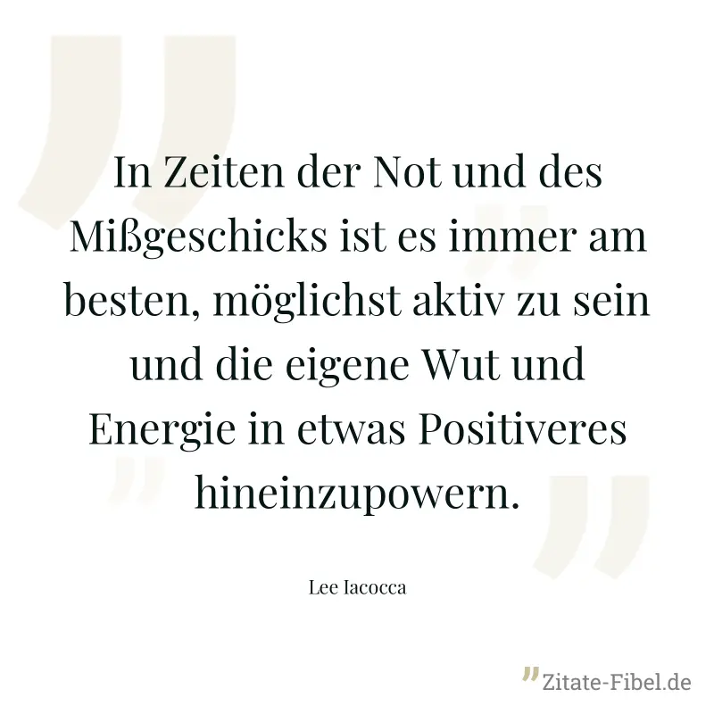 In Zeiten der Not und des Mißgeschicks ist es immer am besten, möglichst aktiv zu sein und die eigene Wut und Energie in etwas Positiveres hineinzupowern. - Lee Iacocca