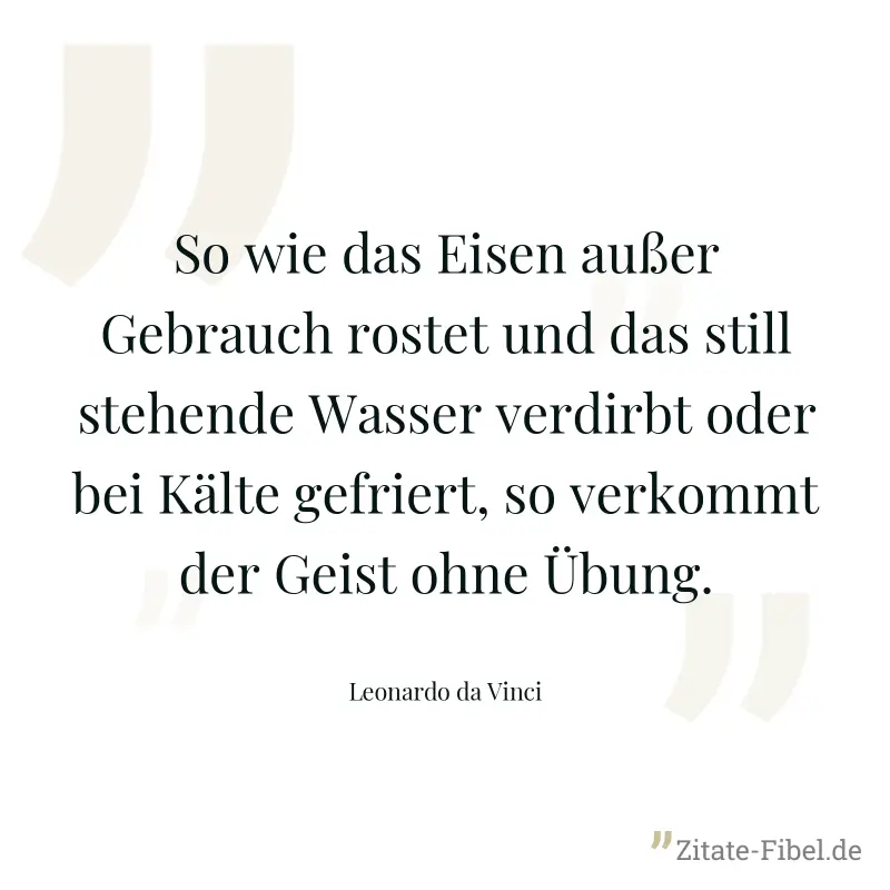 So wie das Eisen außer Gebrauch rostet und das still stehende Wasser verdirbt oder bei Kälte gefriert, so verkommt der Geist ohne Übung. - Leonardo da Vinci