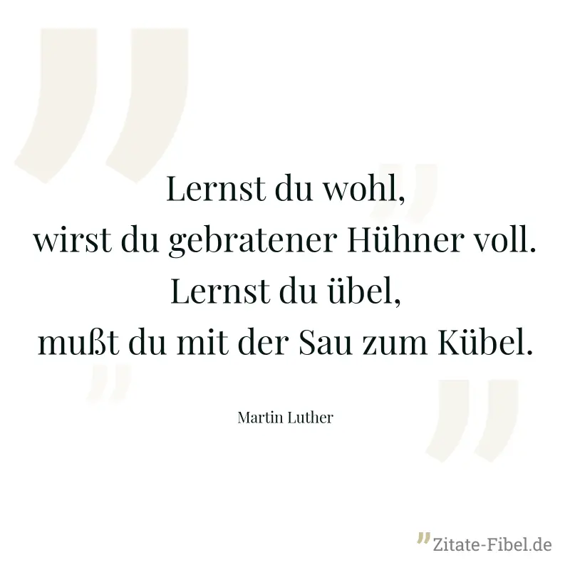 Lernst du wohl, wirst du gebratener Hühner voll. Lernst du übel, mußt du mit der Sau zum Kübel. - Martin Luther