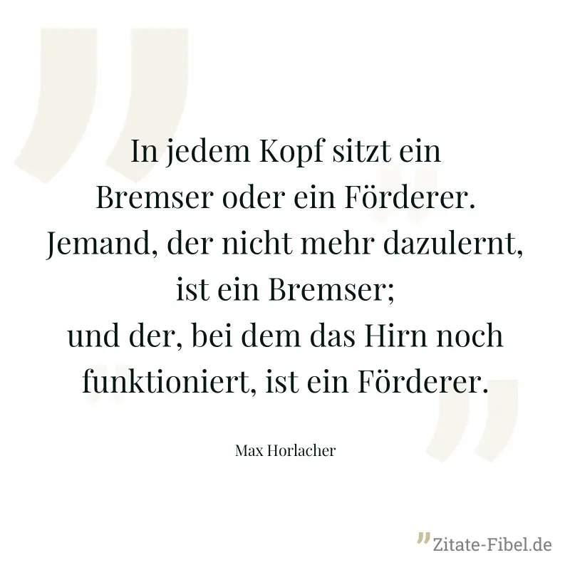 In jedem Kopf sitzt ein Bremser oder ein Förderer. Jemand, der nicht mehr dazulernt, ist ein Bremser; und der, bei dem das Hirn noch funktioniert, ist ein Förderer. - Max Horlacher