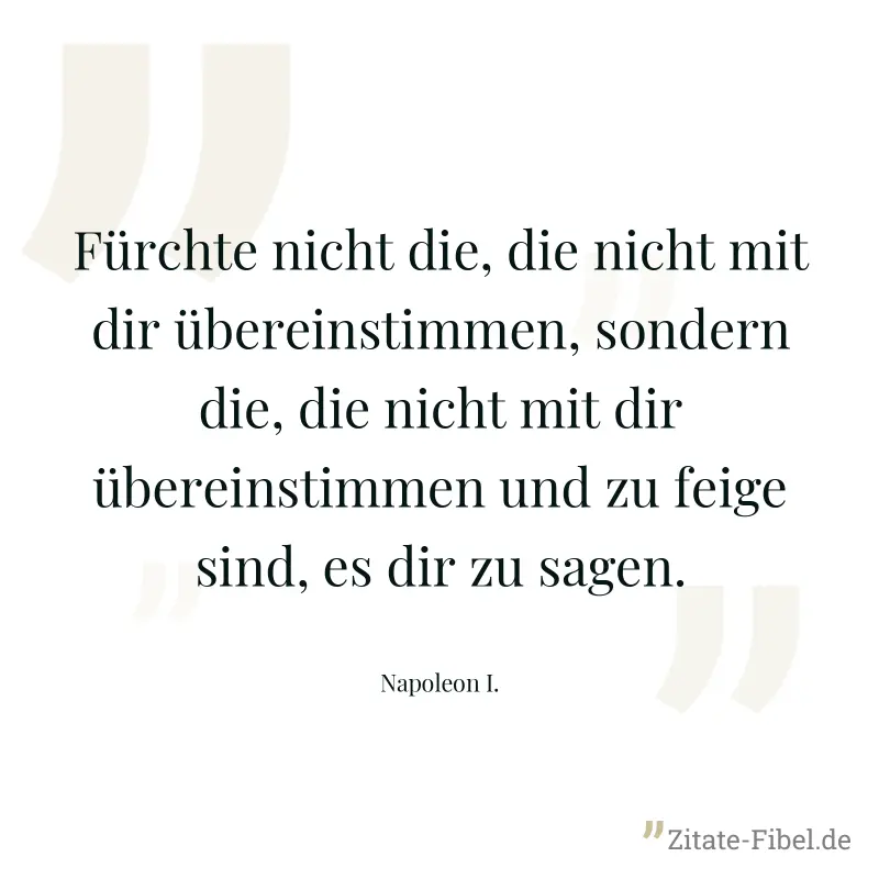 Fürchte nicht die, die nicht mit dir übereinstimmen, sondern die, die nicht mit dir übereinstimmen und zu feige sind, es dir zu sagen. - Napoleon I.