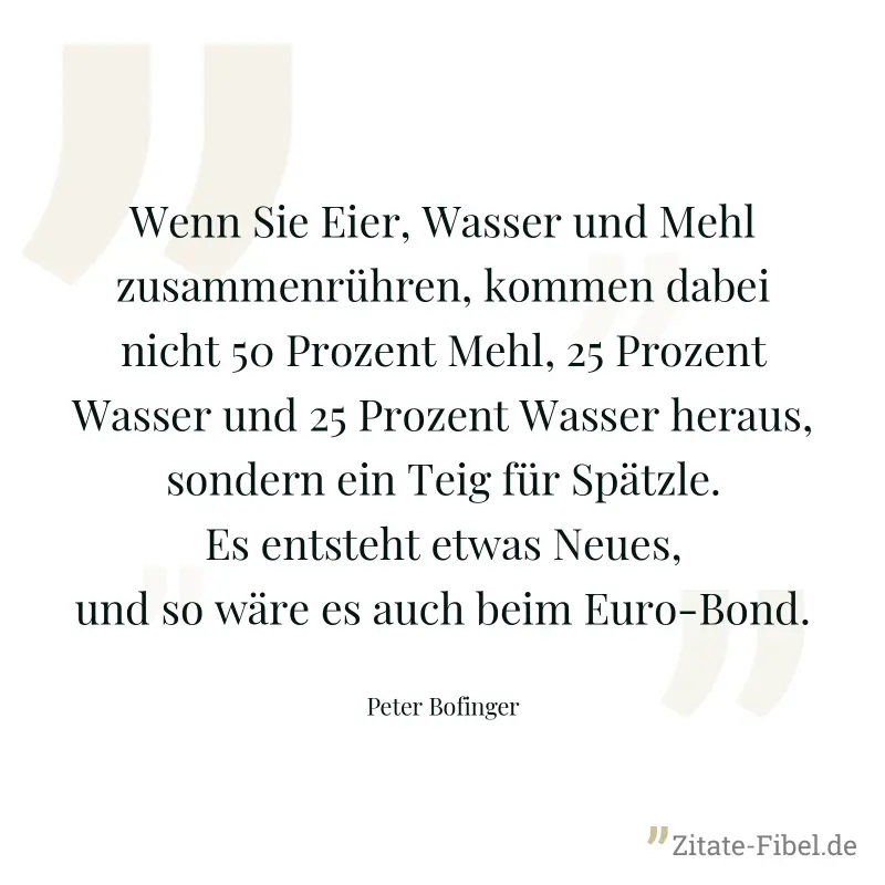 Wenn Sie Eier, Wasser und Mehl zusammenrühren, kommen dabei nicht 50 Prozent Mehl, 25 Prozent Wasser und 25 Prozent Wasser heraus, sondern ein Teig für Spätzle. Es entsteht etwas Neues, und so wäre es - Peter Bofinger