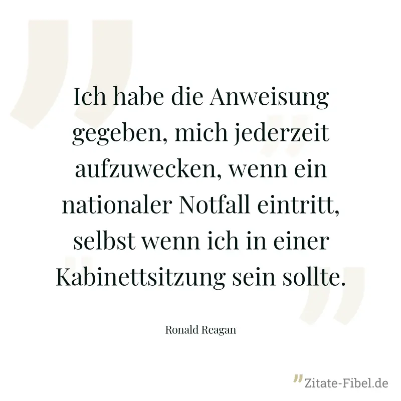 Ich habe die Anweisung gegeben, mich jederzeit aufzuwecken, wenn ein nationaler Notfall eintritt, selbst wenn ich in einer Kabinettsitzung sein sollte. - Ronald Reagan