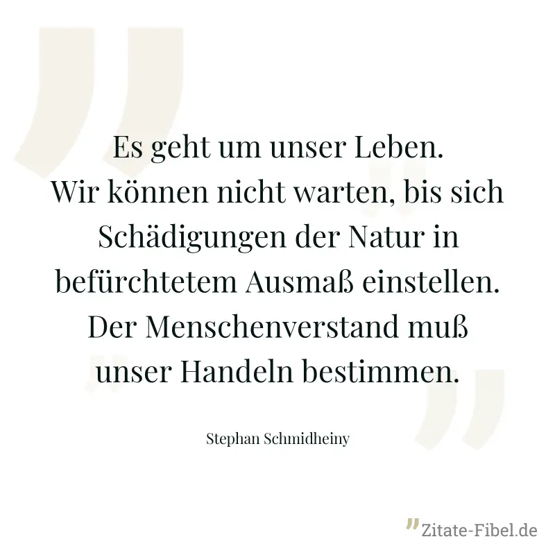 Es geht um unser Leben. Wir können nicht warten, bis sich Schädigungen der Natur in befürchtetem Ausmaß einstellen. Der Menschenverstand muß unser Handeln bestimmen. - Stephan Schmidheiny