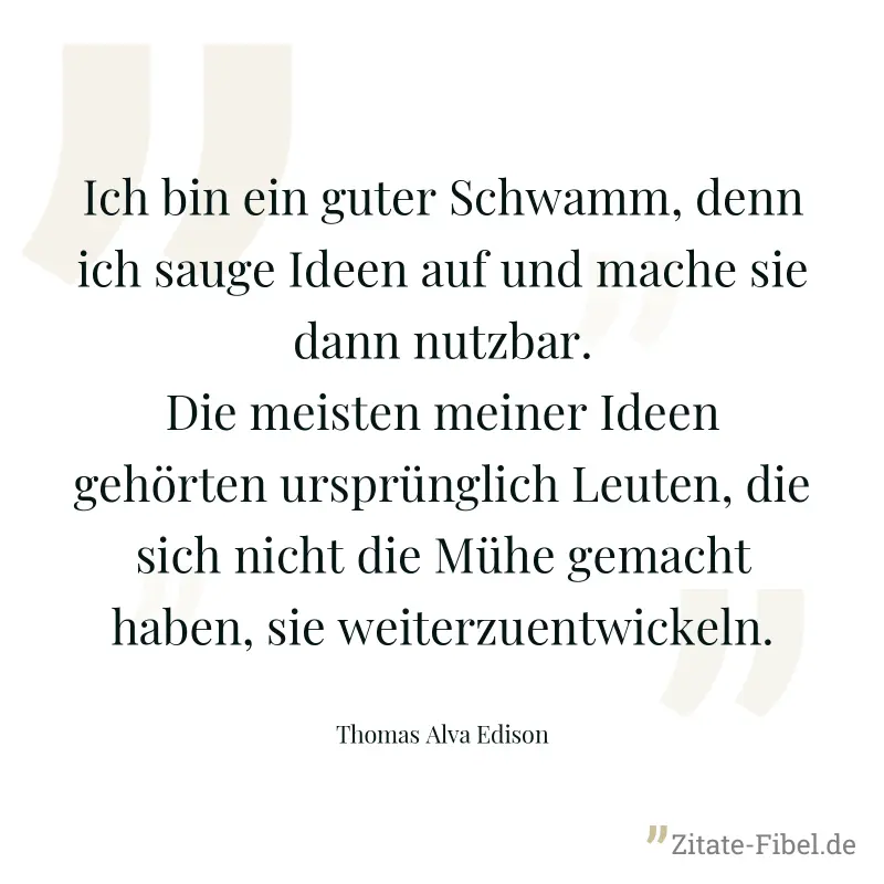 Ich bin ein guter Schwamm, denn ich sauge Ideen auf und mache sie dann nutzbar. Die meisten meiner Ideen gehörten ursprünglich Leuten, die sich nicht die Mühe gemacht haben, sie weiterzuentwickeln. - Thomas Alva Edison