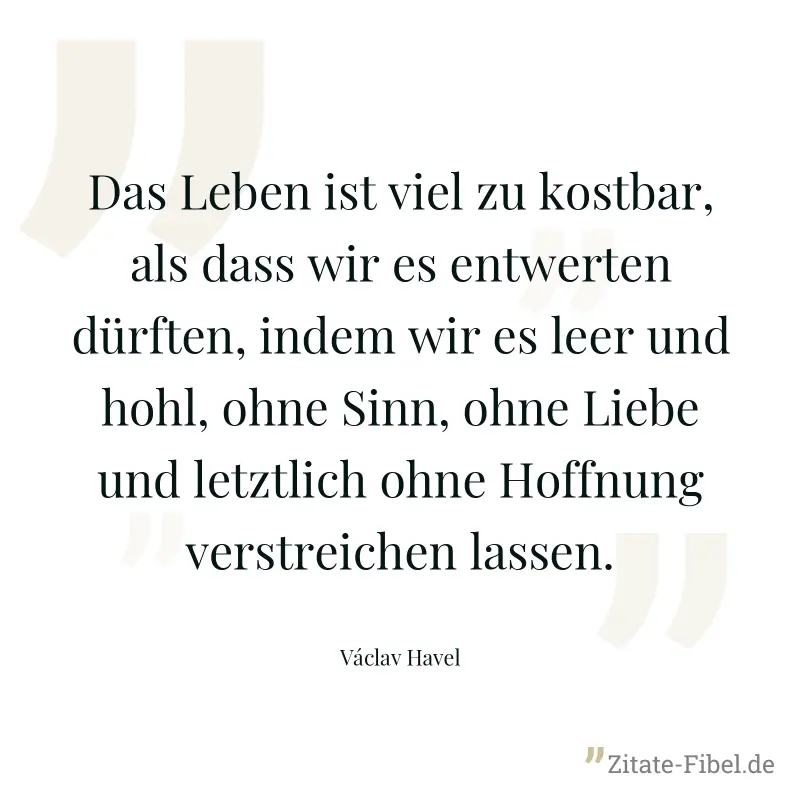 Das Leben ist viel zu kostbar, als dass wir es entwerten dürften, indem wir es leer und hohl, ohne Sinn, ohne Liebe und letztlich ohne Hoffnung verstreichen lassen. - Václav Havel