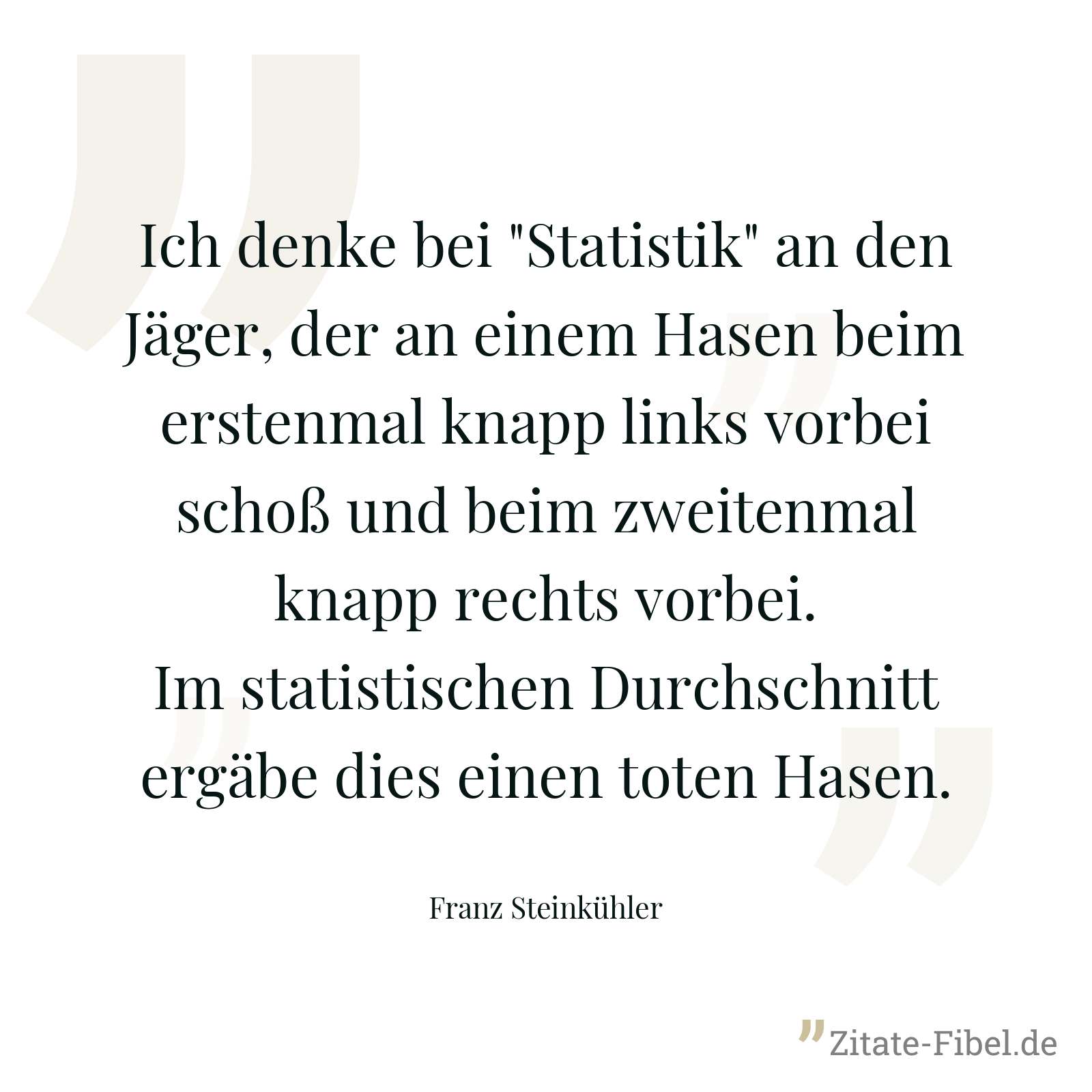 Ich denke bei "Statistik" an den Jäger, der an einem Hasen beim erstenmal knapp links vorbei schoß und beim zweitenmal knapp rechts vorbei. Im statistischen Durchschnitt ergäbe dies einen toten Hasen. - Franz Steinkühler