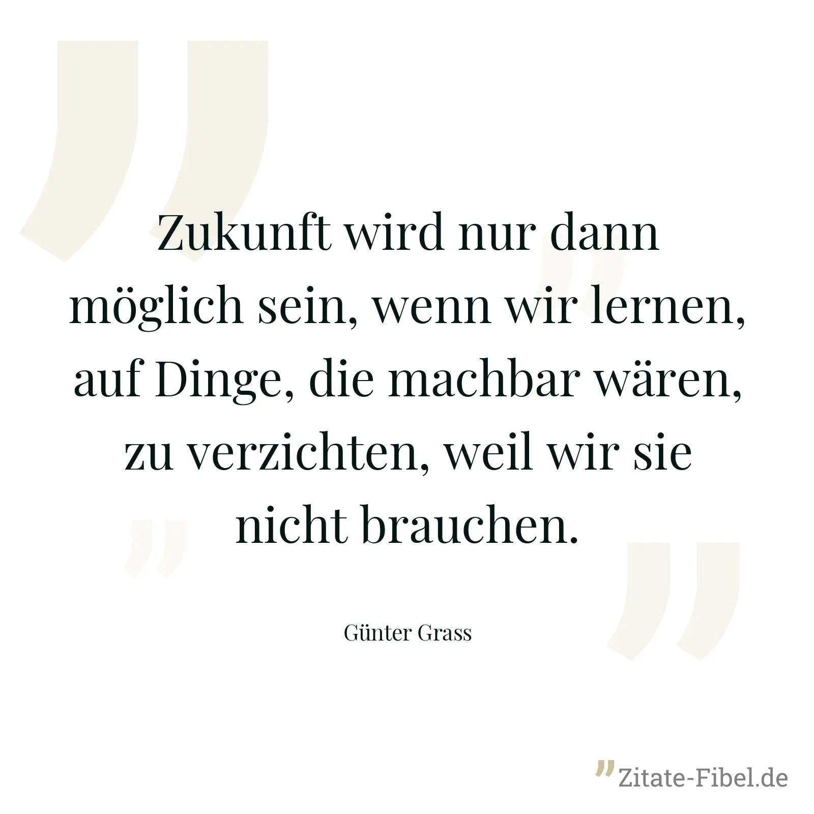 Zukunft wird nur dann möglich sein, wenn wir lernen, auf Dinge, die machbar wären, zu verzichten, weil wir sie nicht brauchen. - Günter Grass