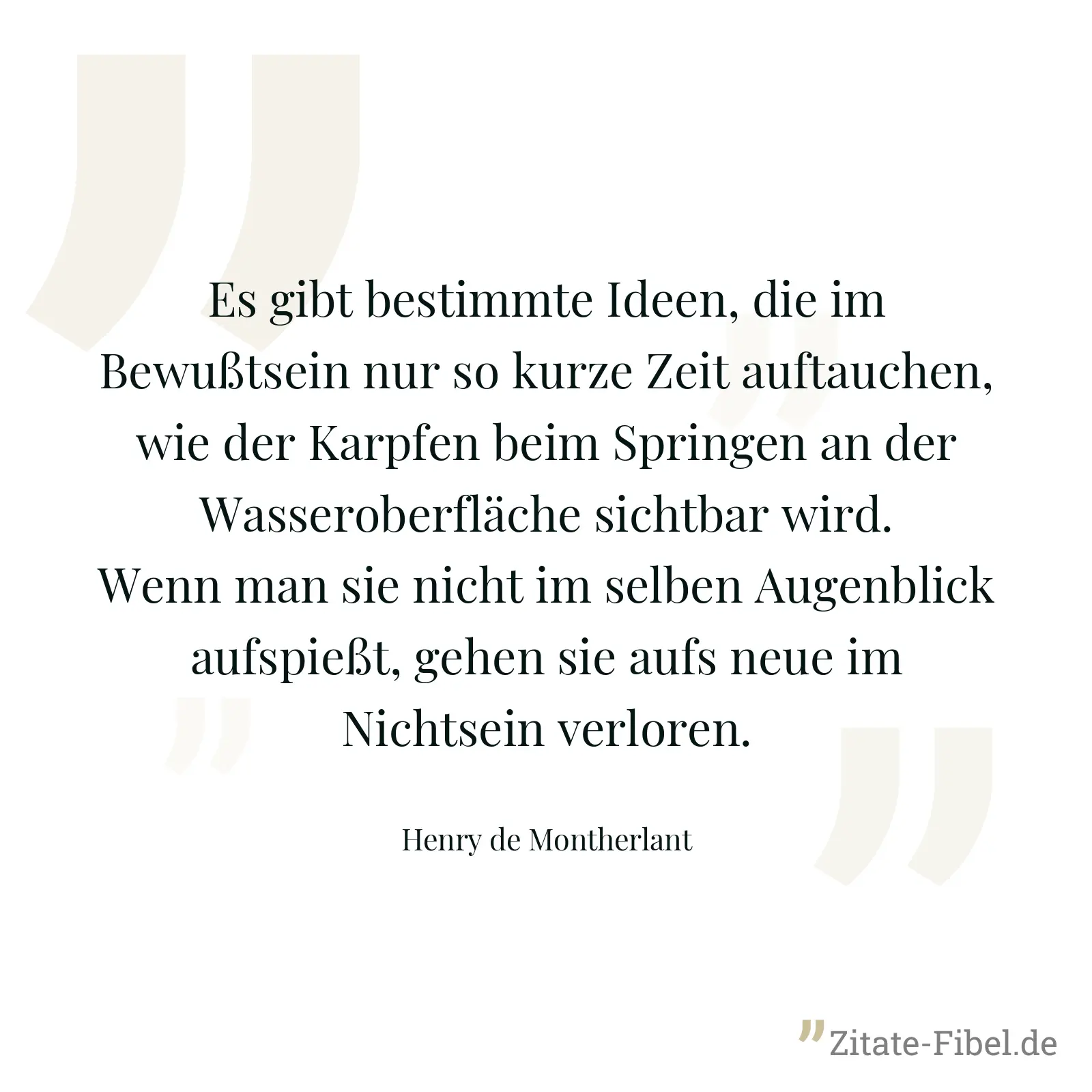 Es gibt bestimmte Ideen, die im Bewußtsein nur so kurze Zeit auftauchen, wie der Karpfen beim Springen an der Wasseroberfläche sichtbar wird. Wenn man sie nicht im selben Augenblick aufspießt, gehen sie aufs neue im Nichtsein verloren. - Henry de Montherlant