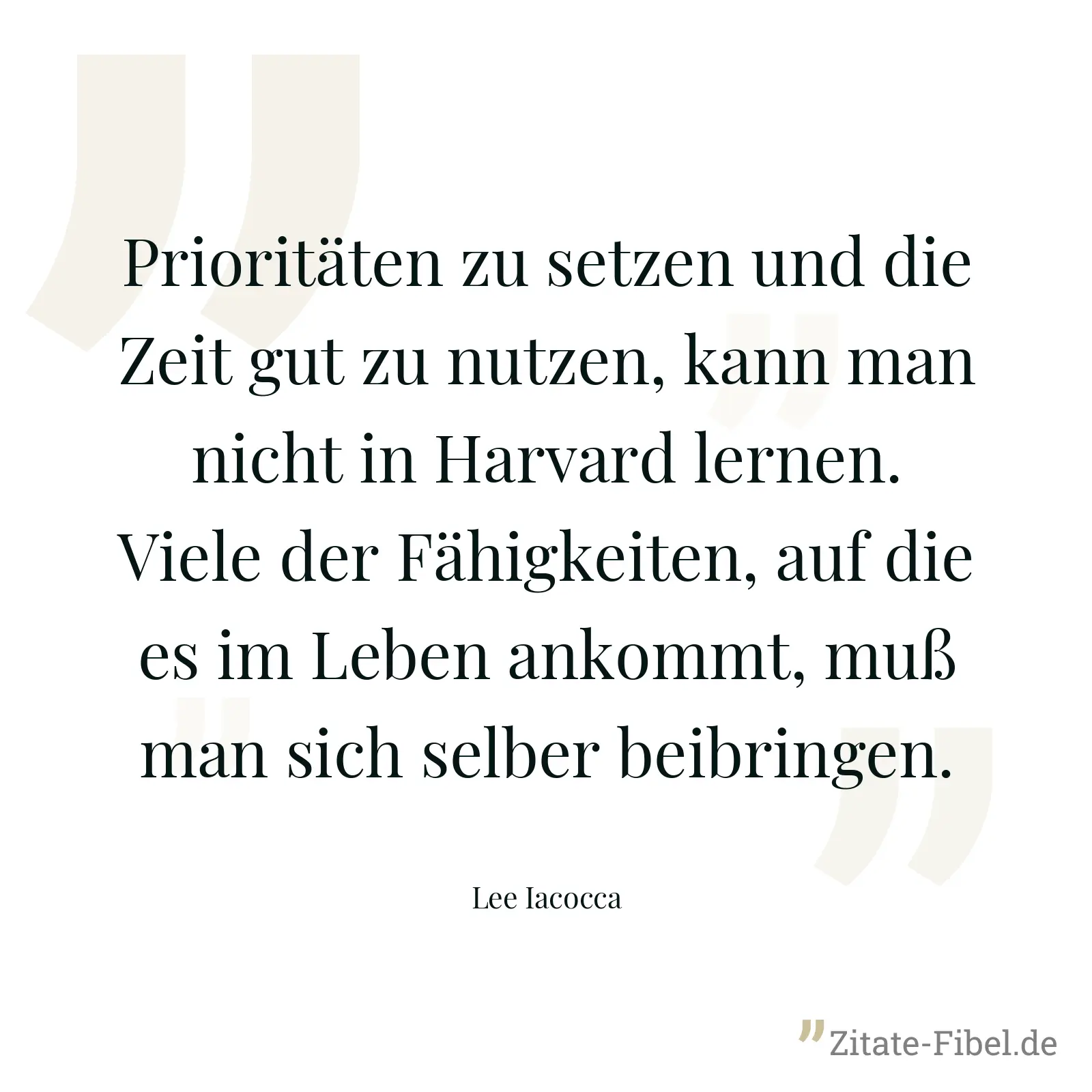 Prioritäten zu setzen und die Zeit gut zu nutzen, kann man nicht in Harvard lernen. Viele der Fähigkeiten, auf die es im Leben ankommt, muß man sich selber beibringen. - Lee Iacocca