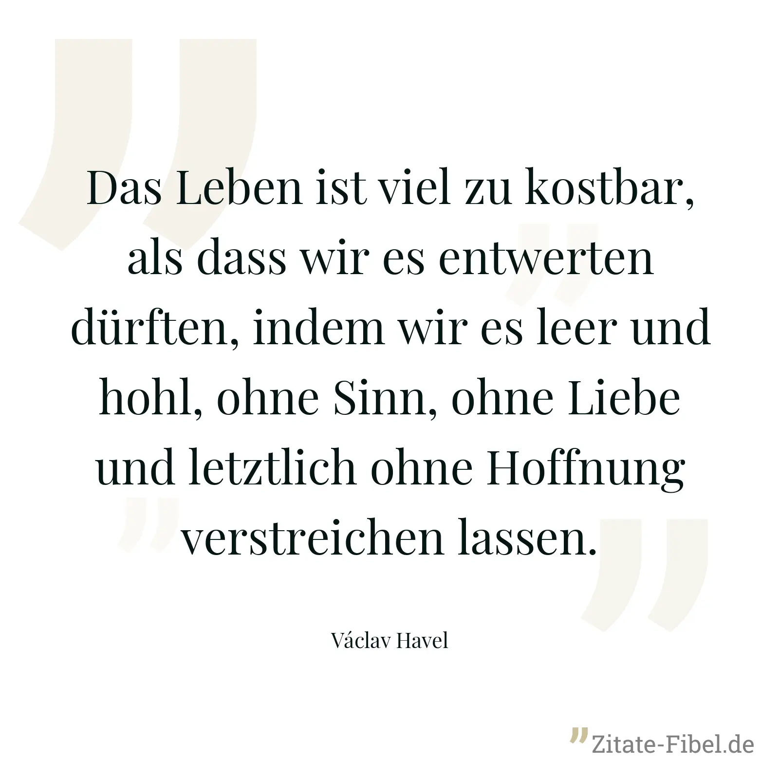 Das Leben ist viel zu kostbar, als dass wir es entwerten dürften, indem wir es leer und hohl, ohne Sinn, ohne Liebe und letztlich ohne Hoffnung verstreichen lassen. - Václav Havel